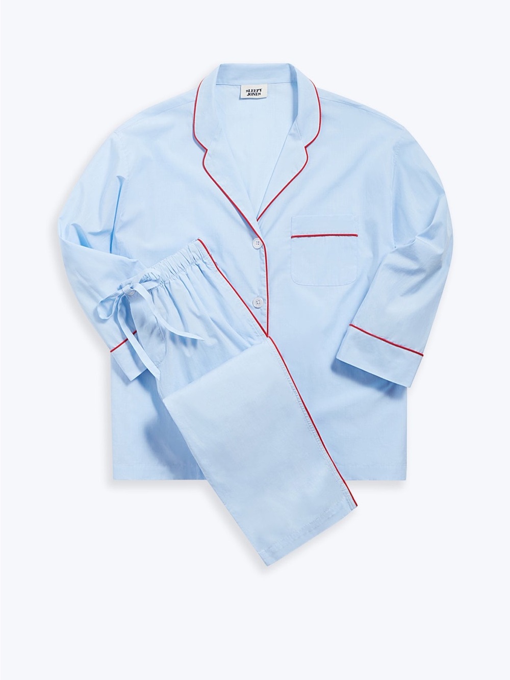 Light Blue Women's Pajama Set with Red Piping